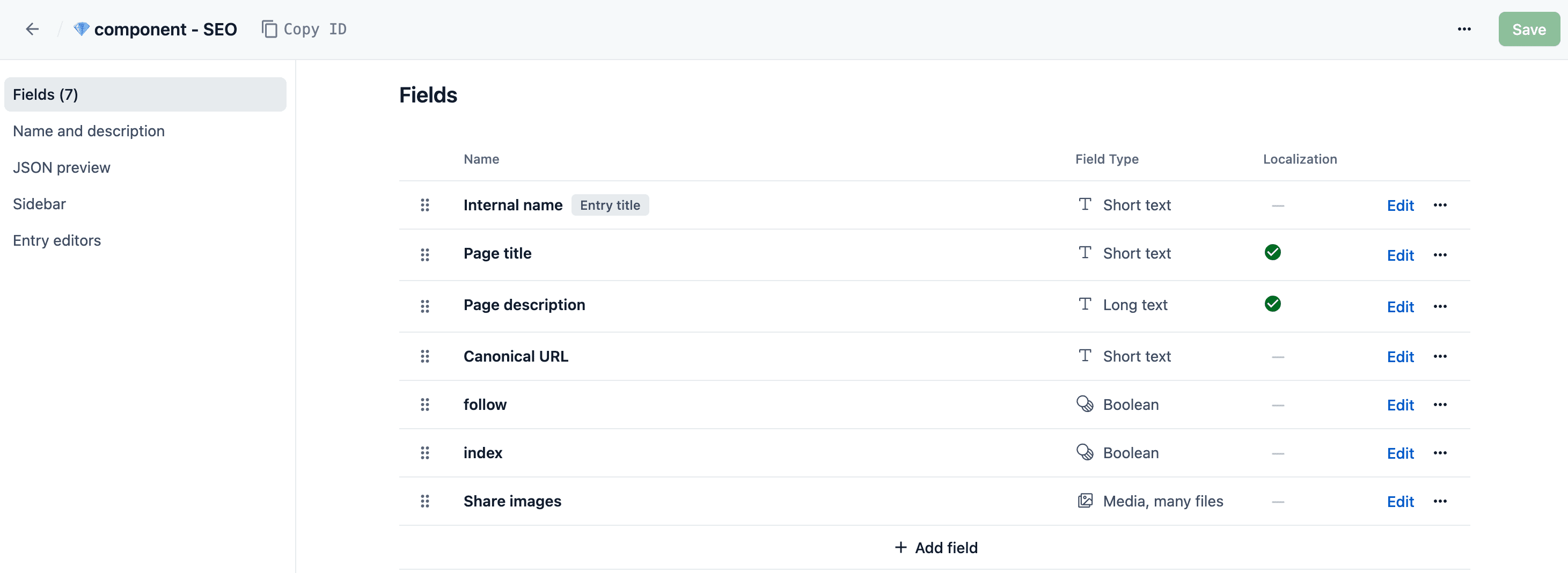 Contentful seoFields Inhaltstyp