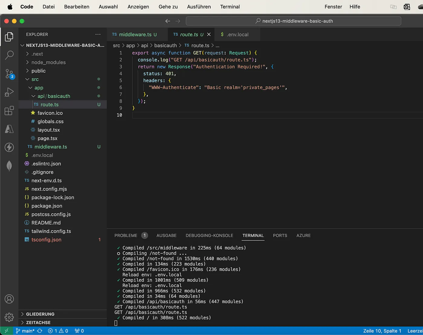 Nextjs 14 Middleware Basic Auth - vscode basic auth