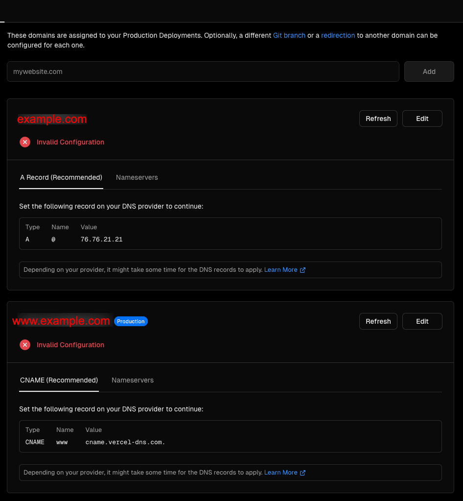 vercel dns records
