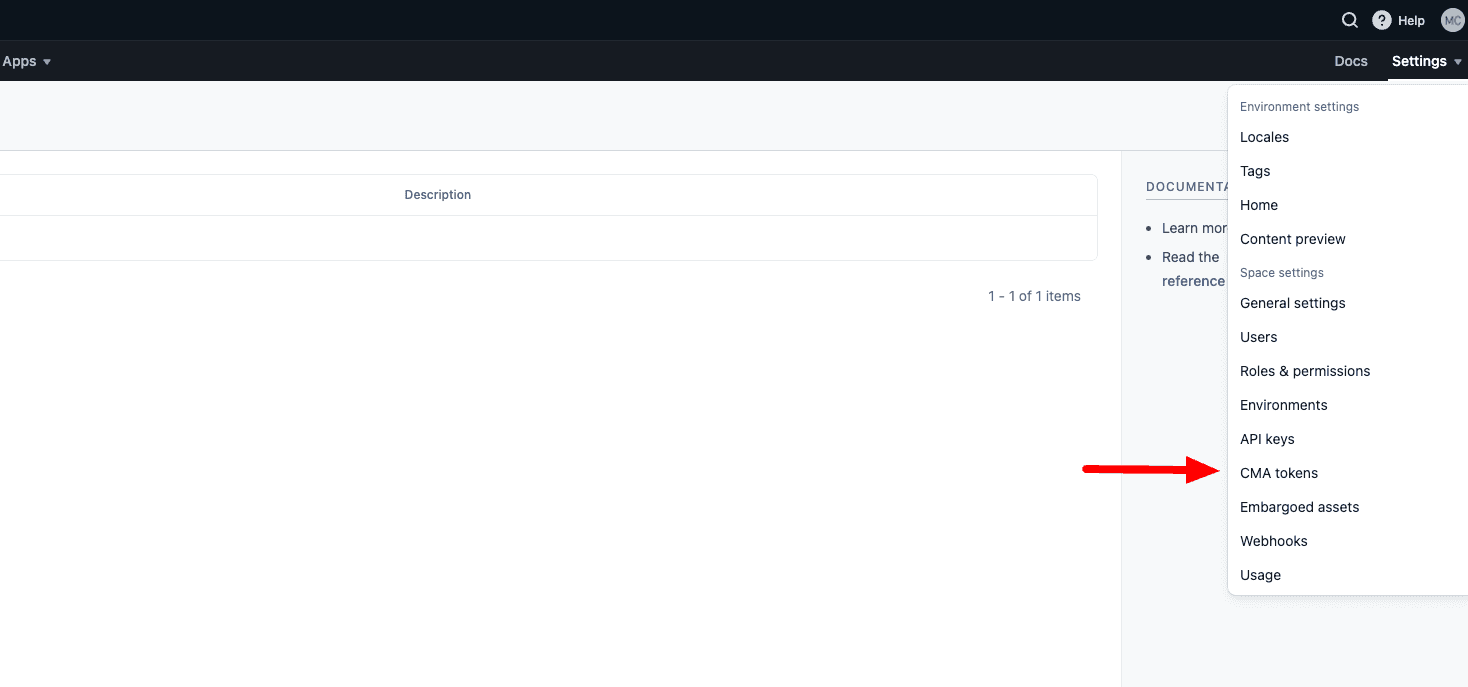 Contentful right flyout for Content Management Api Key