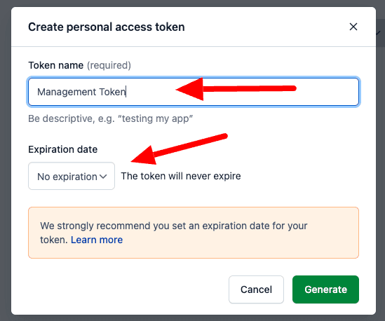 Contentful pop-up new CMA Api Key